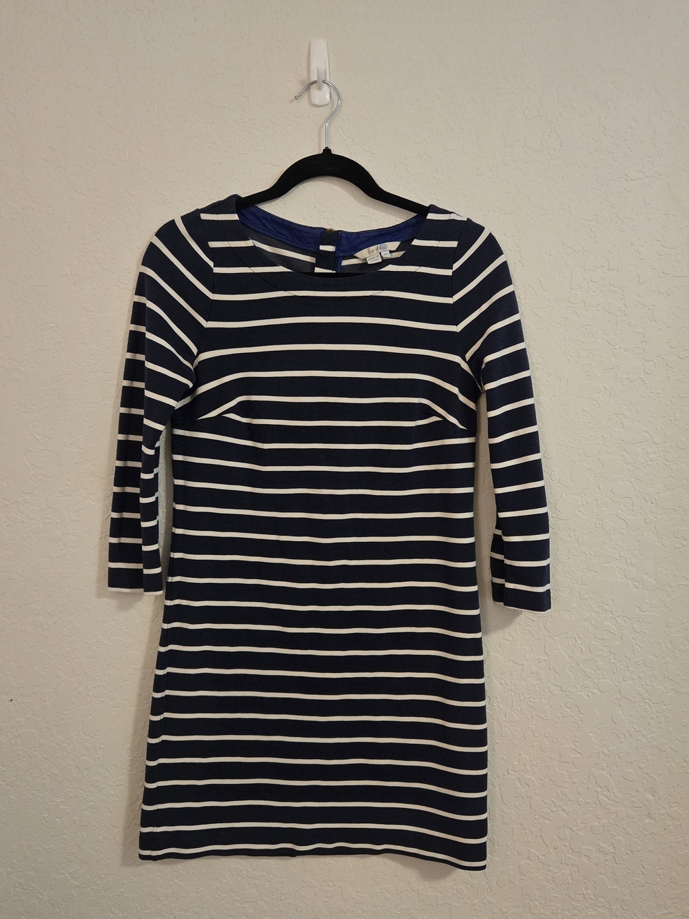Boden Navy and White Striped Three-Quarter Sleeve Mini Dress